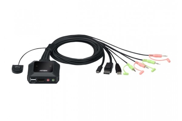 ATEN - Switch KVM en formato cable híbrido DisplayPort de 2 puertos USB-C