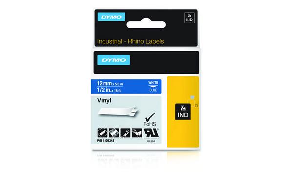 DYMO Etiquette industrielle vinyle blanc sur bleu 12 mm x 5