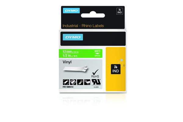 DYMO Etiquette industrielle vinyle blanc sur vert 12 mm x 5