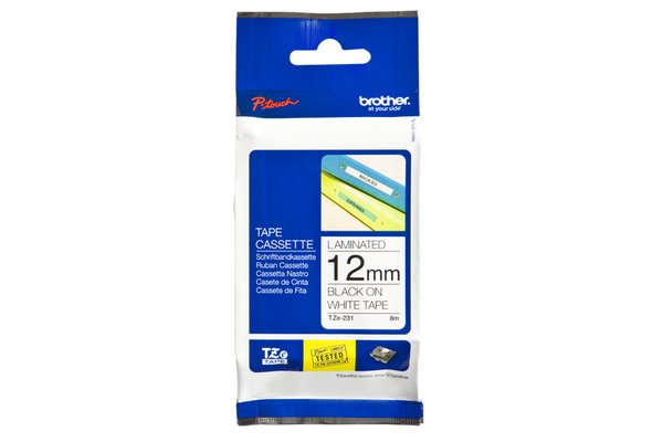 Ruban laminé standard BROTHER Noir/Blanc 12mm - TZE-231