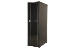 Baie économique 600x1000 porte verre, porte arrière métal, 4 mont., noire, 22U