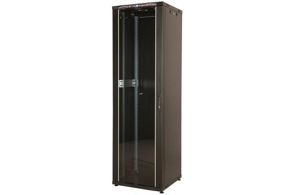 Baie économique 600x600 porte verre, porte arrière métal, 4 mont., noire, 12U