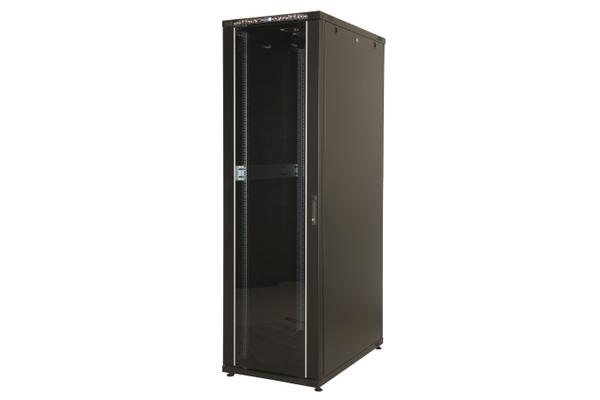 Baie économique 600x800 porte verre, porte arrière métal, 4 mont., noire, 12U