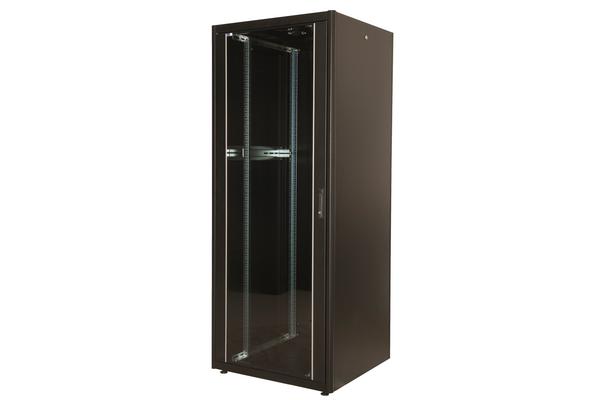 Baie pro 800x800 porte verre, arrière métal, 4 mont., noire - EN KIT, 22U