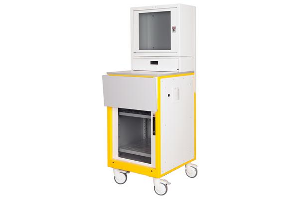 Baie workstation IP55 600x670 porte verre caisson protection écran, 16U, gris