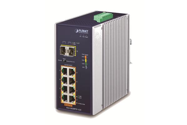 IGS-1020PTF-12V - Switch indus. IP30 P&P 8 Gigabit PoE+, 2 SFP, booster 12 VDC